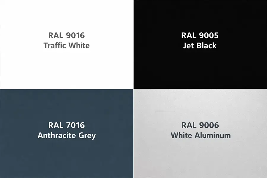Custom color options for sectional doors including RAL 9016 Traffic White, RAL 9005 Jet Black, and Anthracite Grey.