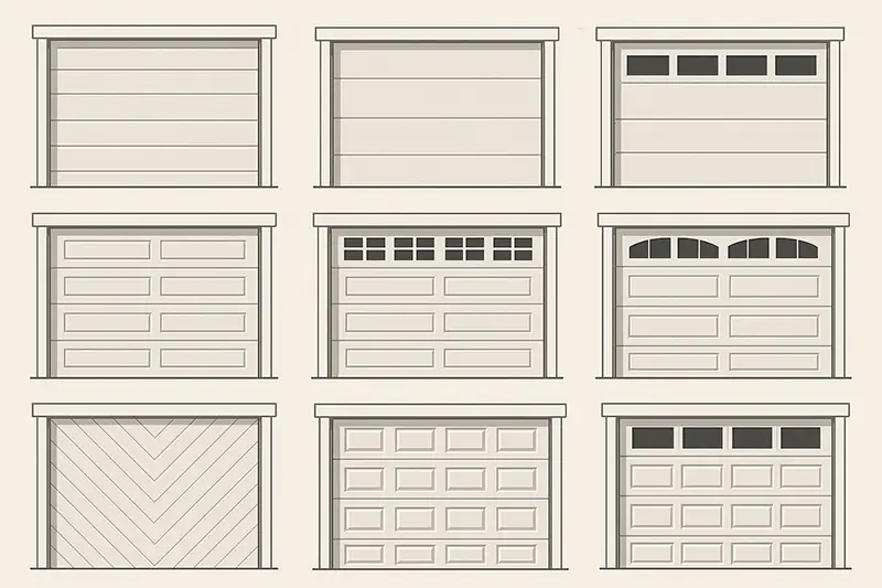 Various sectional door panel designs and window configurations
